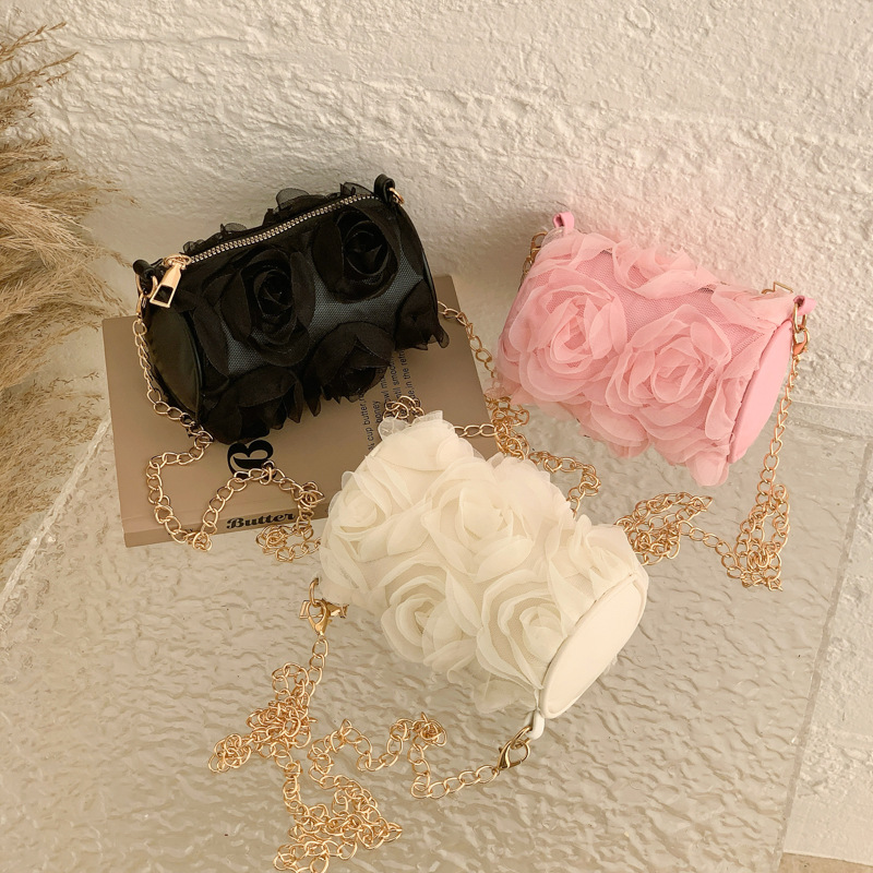 Bolsa de hombro estereoscópica de flores de encaje, cadena de moda para niñas, bolsas de cilindro para bebés coreanos, nuevos accesorios para niños