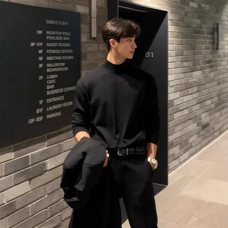 Осенний и зимний премиальный свитер с половинным воротником мужской корейский свободный повседневный сплошной цвет с длинными рукавами с внутренним воротником трикотажная нижняя рубашка