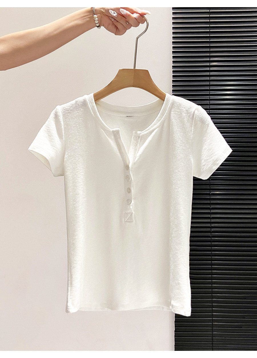 Áo thun nữ cổ bán mở tay ngắn phong cách Hàn Quốc, thiết kế đơn giản tôn dáng — màu đen chi tiết 6