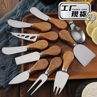 Cross Border in stock Acacia Wood Cheese Knife Western Cheese Tool Knife and Fork Butter Knife Butter Knife Stainless Steel Cheese Knife