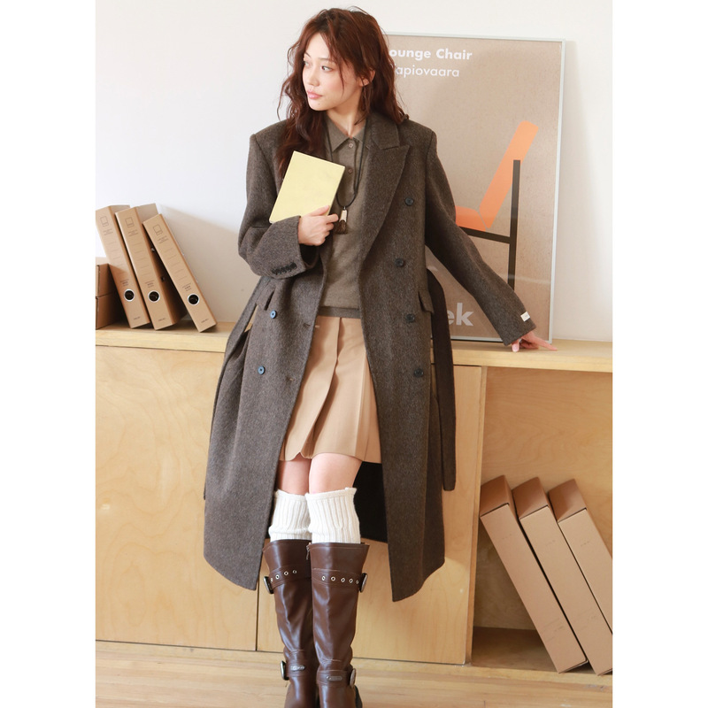 Korean Commuter Double-Sided Wool Outwear for Women 25Ss Autumn and Winter Lace-Up Suit Collar Wide Shoulder Long Woolen Outwear