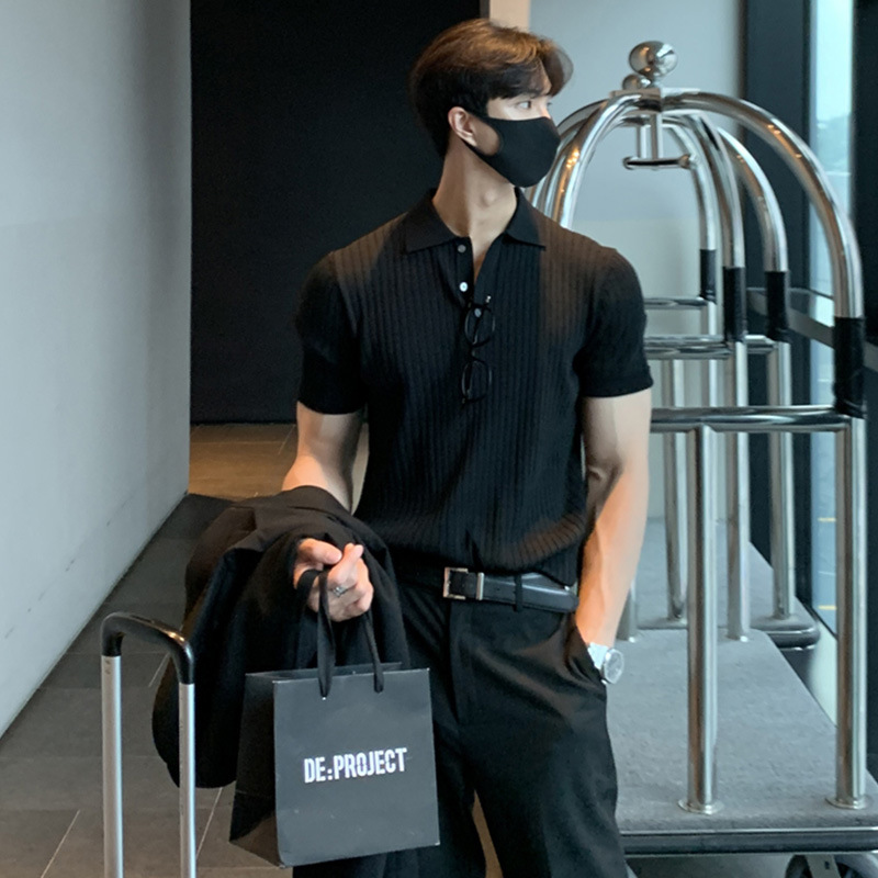 Hong Kong estilo solapa Polo manga corta marca de moda de los hombres suelta casual verano Delgado color sólido suéter camiseta bottoming camisa