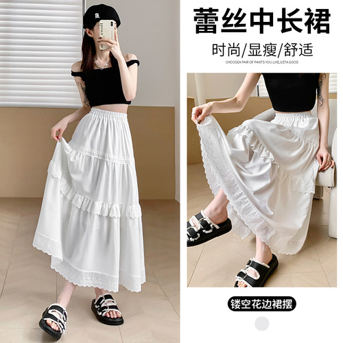 White cake skirt, high-waisted, figure-flattering, versatile midi skirt in a soft, sweet, and romantic Korean-style design with an elastic waist—perfect for an ethereal, fairy-like look.