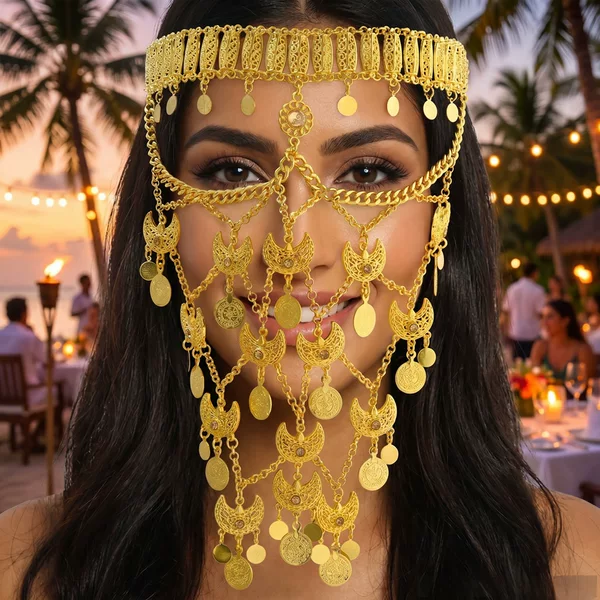 Arabian-style intricate ancient coin crescent metal face accessory, tassel face chain for dance performances, party and travel photography headpiece