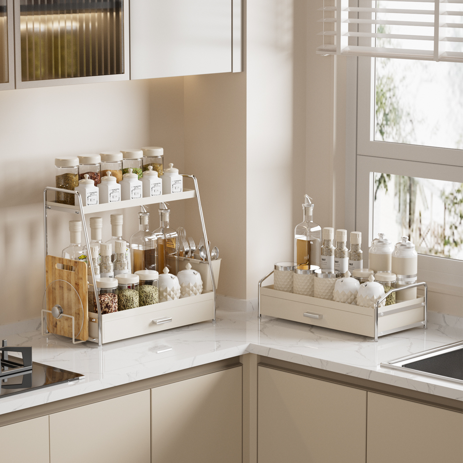 Estante de cocina de estilo crema Estante de condimento de encimera Condimento multicapa Estante de almacenamiento de vinagre de salsa de sal y aceite doméstico