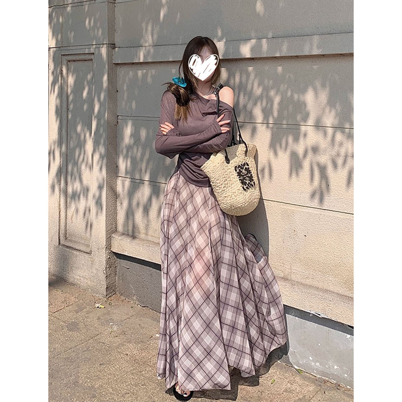 小众复古设计感撞色不规则条纹半身裙长裙女新款高腰a字摆裙穿搭|undefined