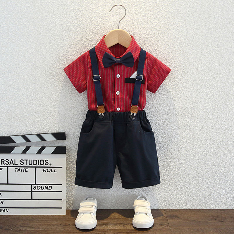 男の子半袖シャツ、サスペンダーショーツ、子供紳士スーツ、夏用子供1歳誕生日ドレス|undefined