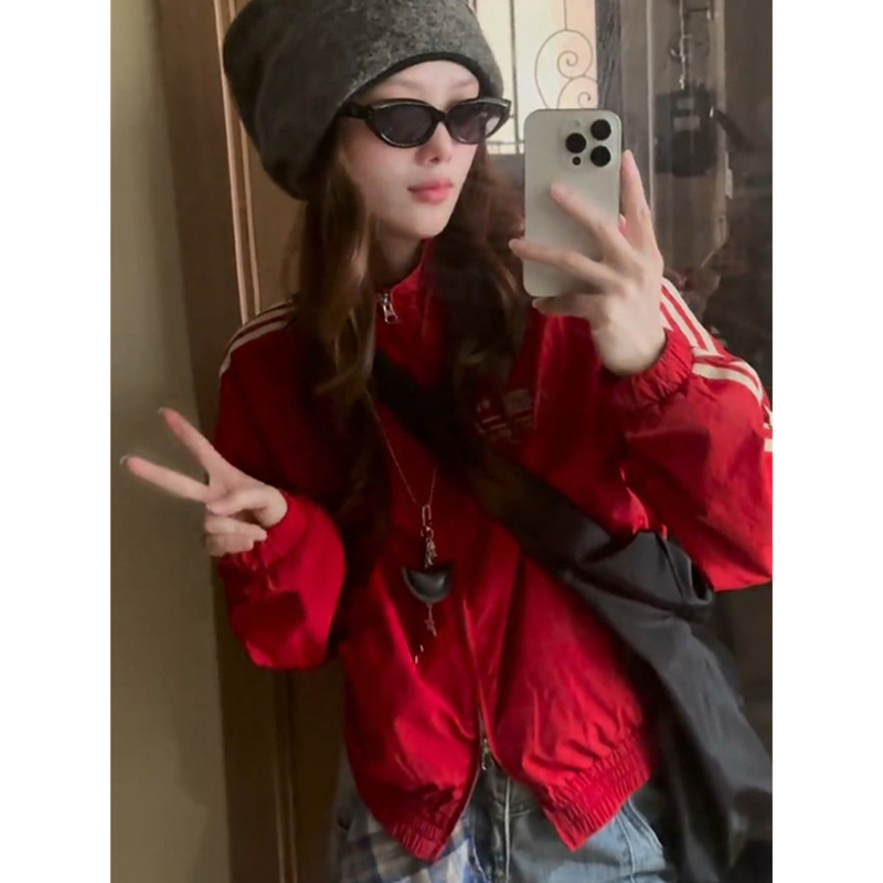 美式复古红色工装外套女春秋季高级感休闲宽松夹克上衣设计感小众|undefined