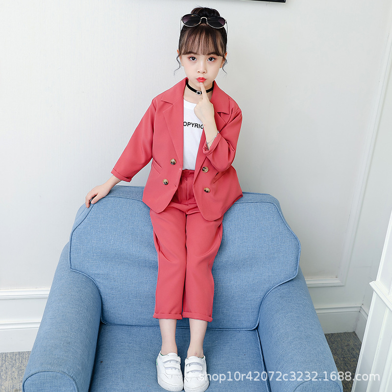 女童套装2024秋装新款洋气韩版网红英伦风小西装儿童女孩春秋西服