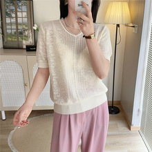 2025夏季新款蕾丝钉珠薄款冰丝女针织衫纯色法式提花短袖T恤夏装