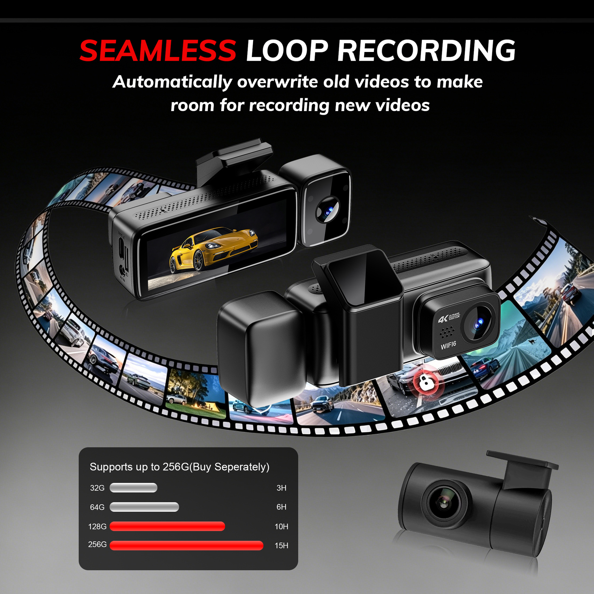 4K triple-camera dashcam with GPS tracking and night vision, three-lens WIFI reversing camera 4K dashcam
