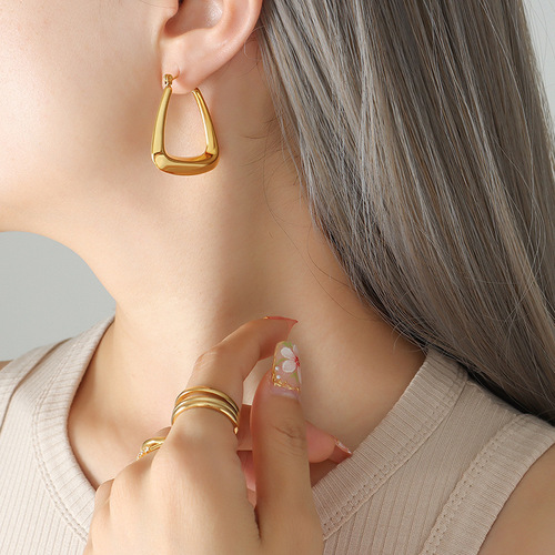 INS Fashion Women's Versatile Earrings Geometric 18K Gold Titanium Steel Smooth Pot Shape Hollow European and American Style Earrings Jewelry