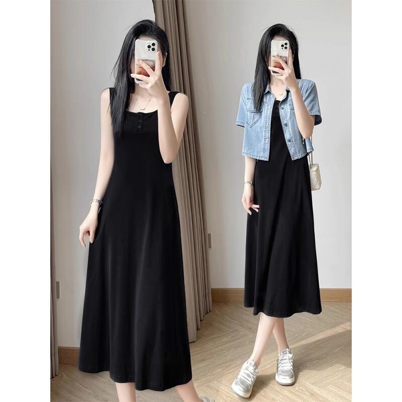 Spring and Summer Black Slimming Camisole Dress with Mid-Length Denim Short Jacket Paired with a Camisole Dress Two-Piece Set Spring and Summer Black Slimming Camisole Dress with Mid-Length Denim Short Jacket Paired with a Camisole Dress Two-Piece Set
