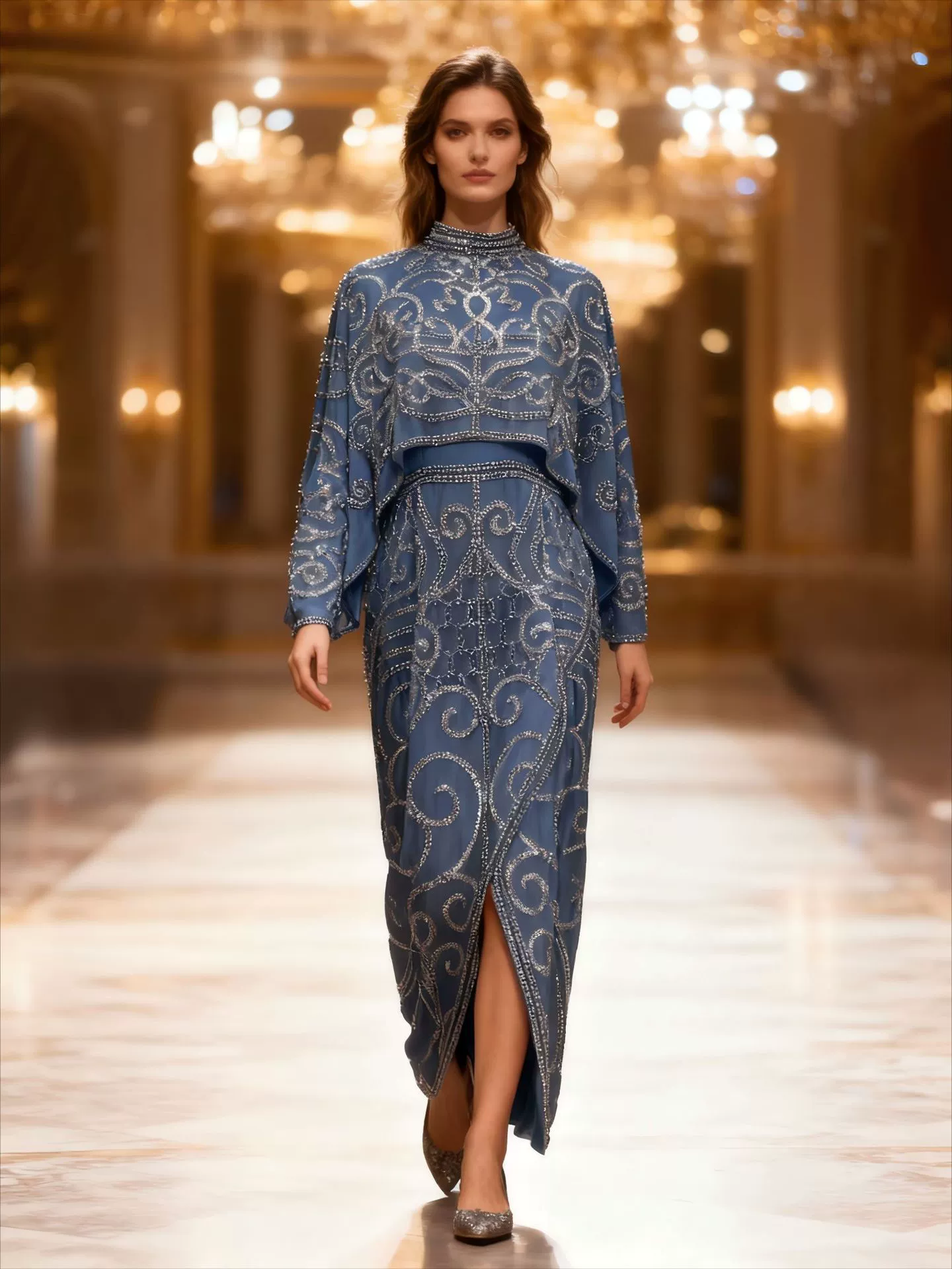 Мусульманское женское платище (abaya) с богато украшенным декором, рукава-студни, шаль, жилеты, подол с разрезом, длинная юбка, роскошное банкетное платье