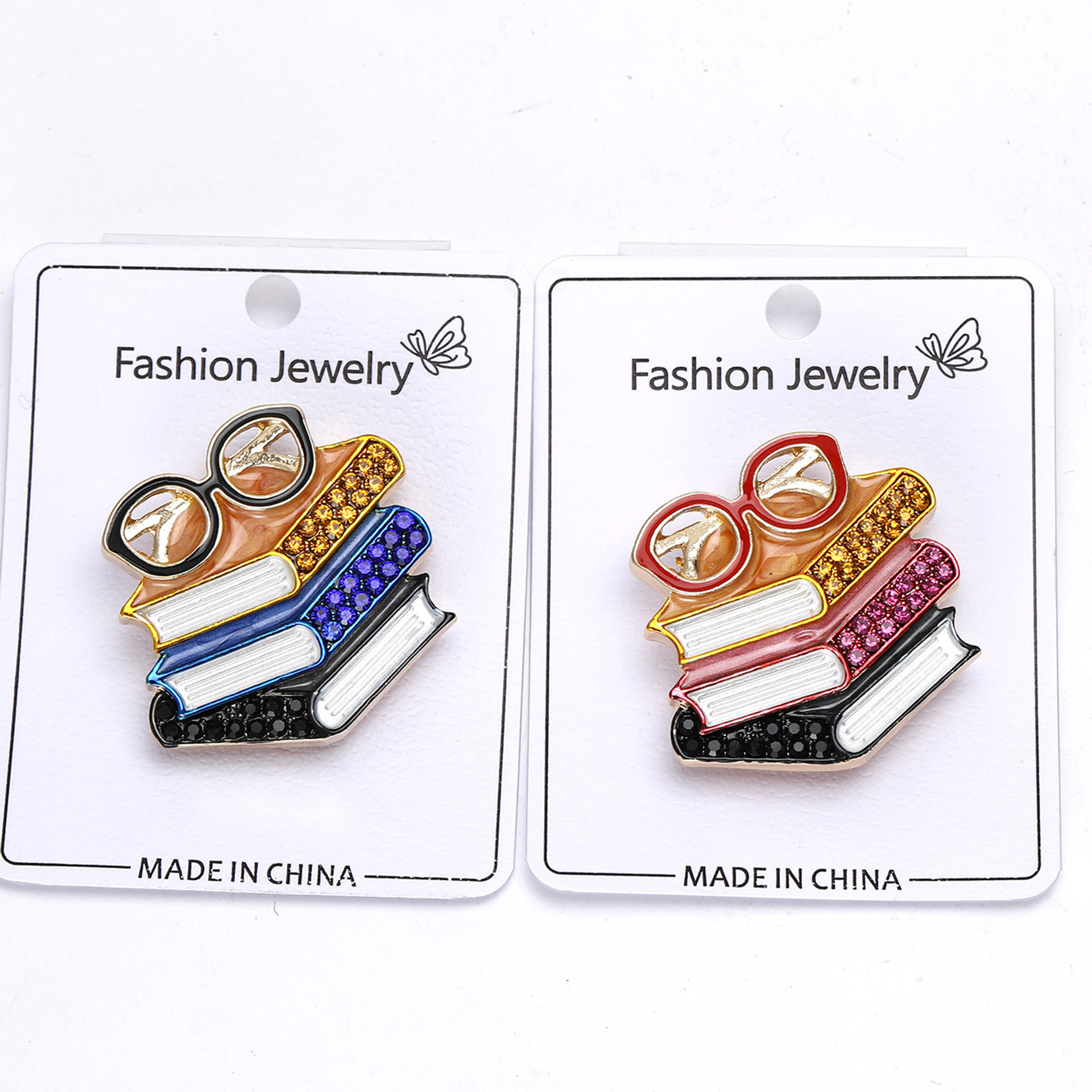 European and American New Enamel Rhinestone Three-Book Glasses-Shaped Brooch Exquisite Men's and Women's Clothing Corsage Jewelry Pin