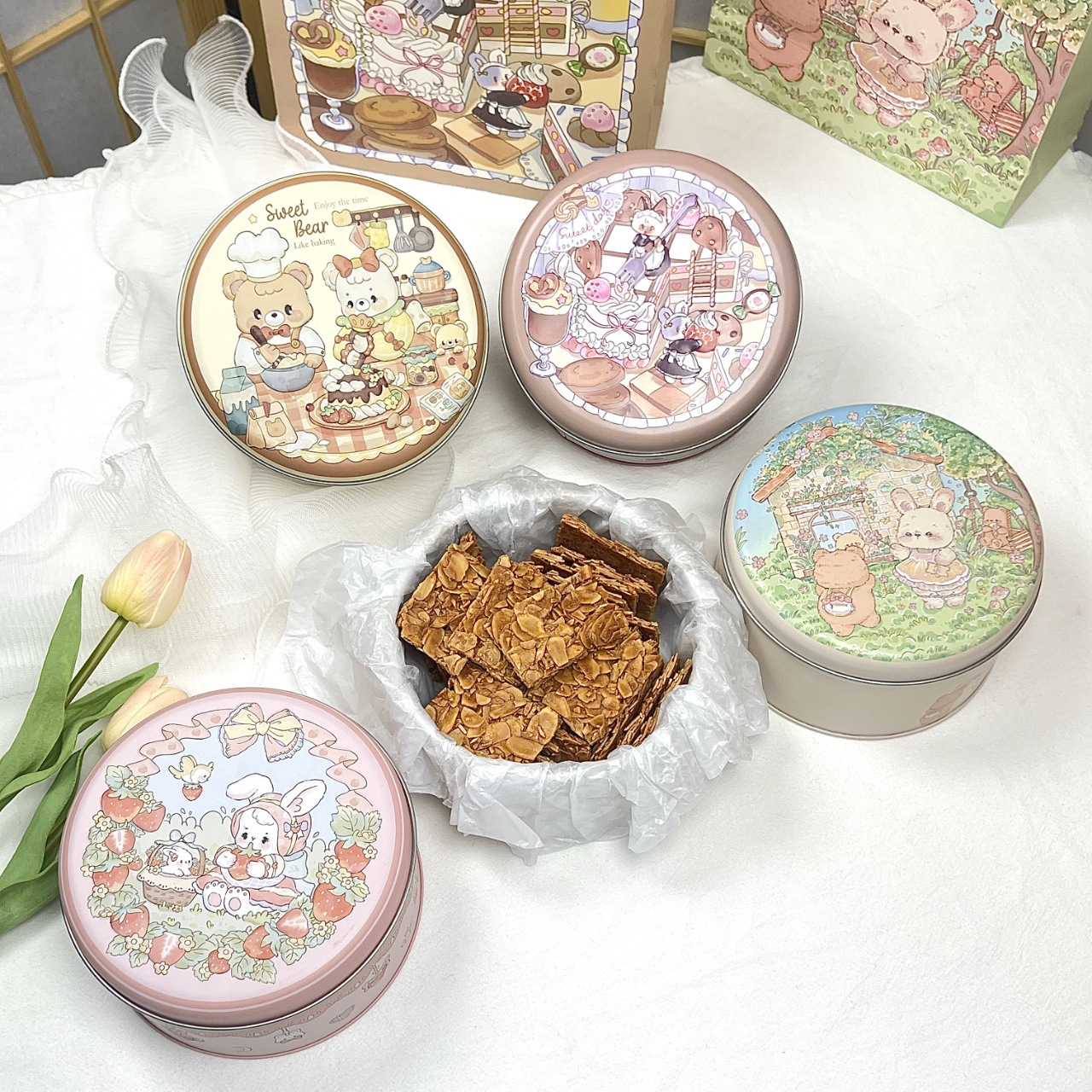 法式奶香杏仁瓦片酥搭赠同款礼袋坚果脆片220g扁桃仁薄脆饼干盒装