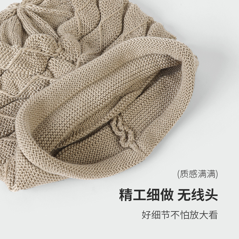 跨境秋冬季男女同款纯色毛线针织套头帽波浪纹包头保暖护耳堆堆帽|undefined