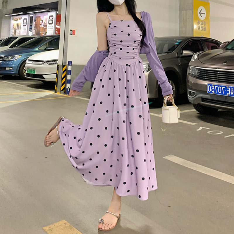 惊艳炸街两件套2025春秋季新款波点连衣裙长袖开衫套装女大码代发|undefined