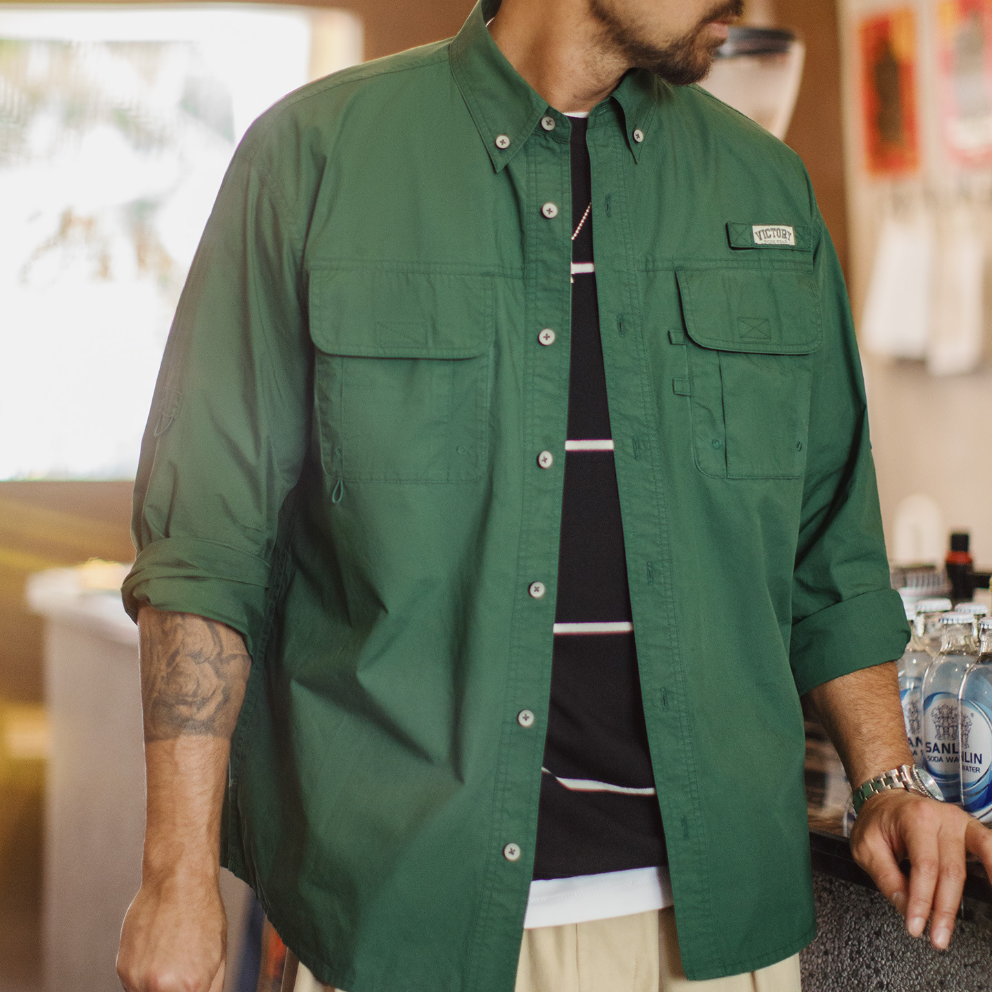 Madden Workwear 아메리칸 레트로 멀티 포켓 셔츠 재킷 그린 코튼 레이어드 긴팔 셔츠 얇은 남성 여름, 가을