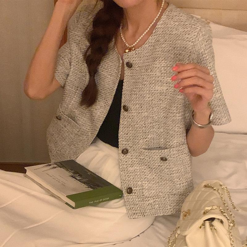 In-Stock Real Photo Vintage Chanel-Style Tweed Single-Breasted Short Blazer Short Sleeve Top 2 Colors