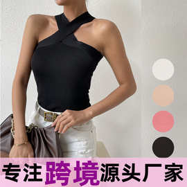 欧美夏装新款亚马逊独立站跨境外贸简约性感交叉针织吊带背心上衣