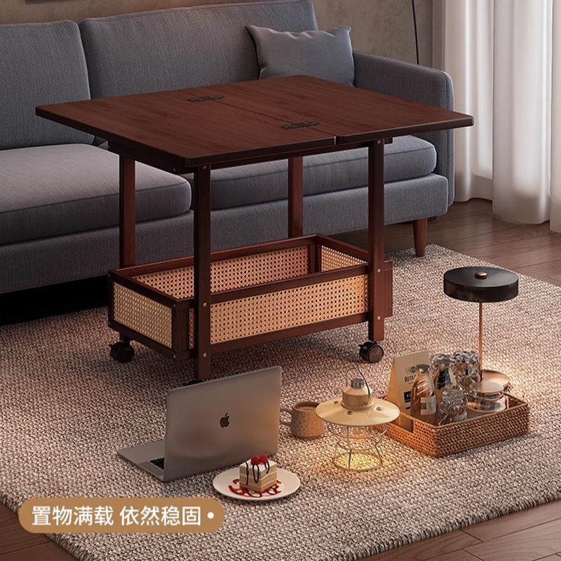 移动茶几可折叠桌子小户型客厅家用沙发阳台餐桌两用实木中古推车|undefined