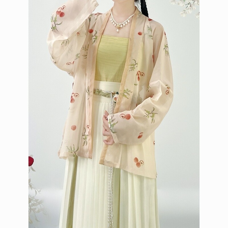 Original Hanfu by Nuofeng Lai Qianchong Yishe: [Green Plum Lychee] Daily Open-Back Cardigan with Airplane Sleeves, Thin Style for Women, Spring