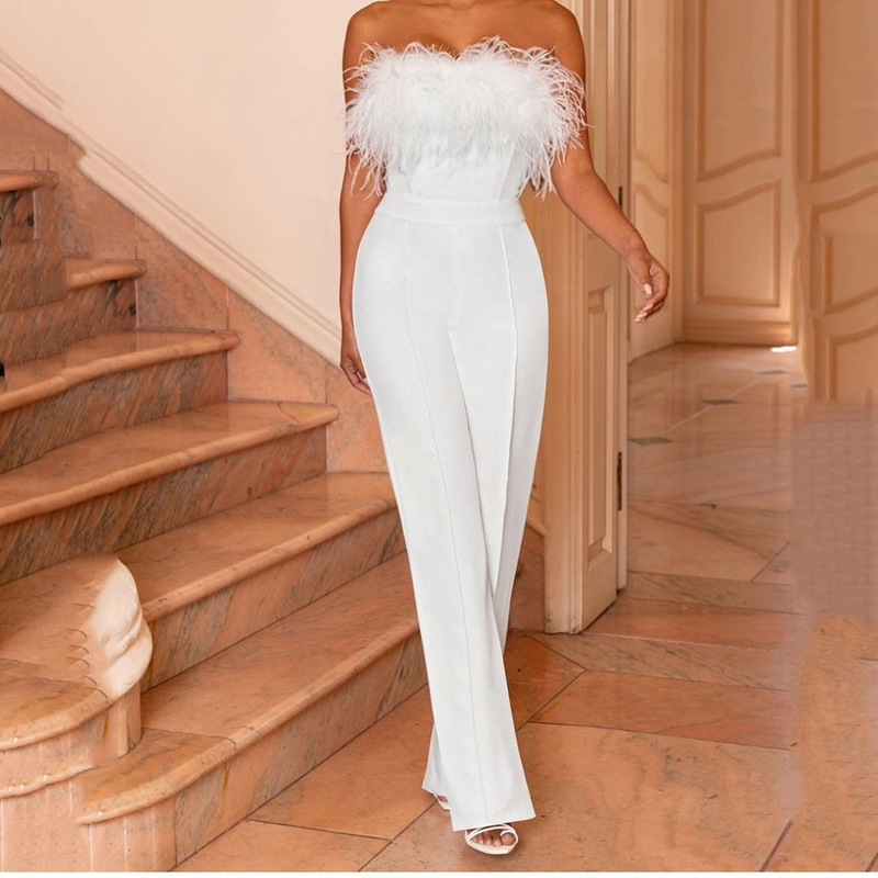 2027 Cross-Border Spring and Summer New European and American Women's Fashion Feather Tube Top Pants One-Shoulder Backless Sexy Jumpsuit for Women 2027 Cross-Border Spring and Summer New European and American Women's Fashion Feather Tube Top Pants One-Shoulder Backless Sexy Jumpsuit for Women