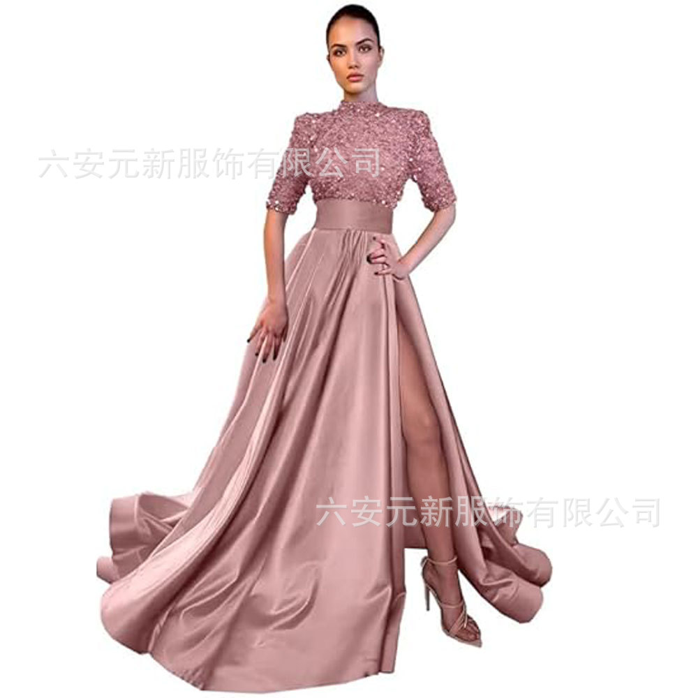 Europeo y americano Amazon AliExpress vestido de fiesta media manga lentejuelas satén vestido de noche A-line vestido de fiesta de hendidura image 28