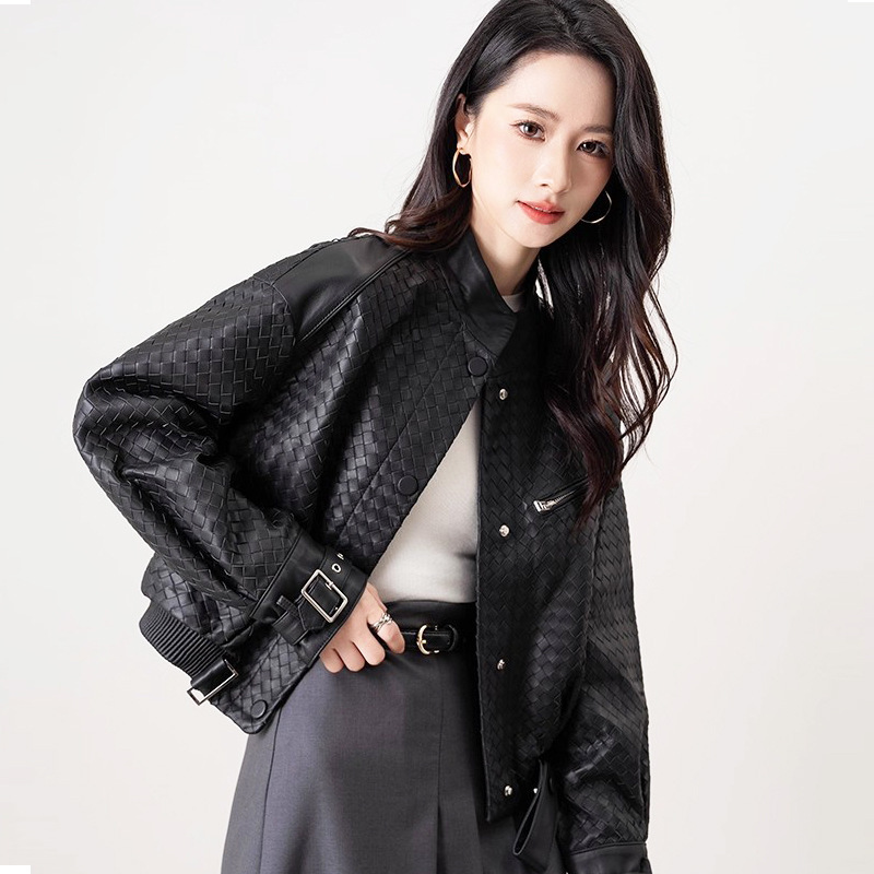 High-End Imported First-Layer Sheepskin Pure Hand-Woven Stand-Up Collar Genuine Leather Jacket Women's Short Loose Leather Jacket