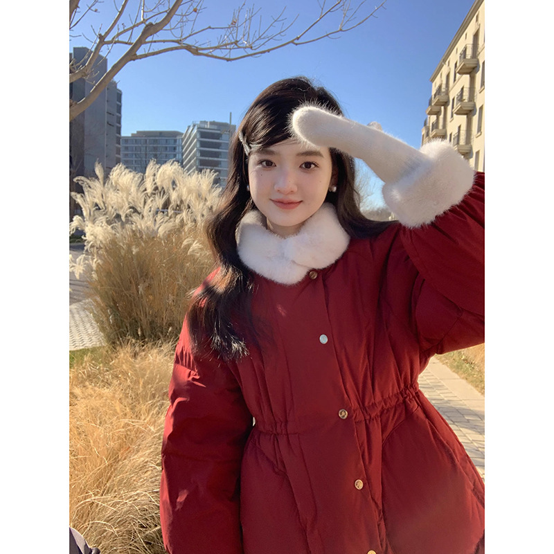 Miss Chipmunk [Ready Stock] Xuebao 3.0 Imitation Mink Fur Collar Jacket Petite Short Waist down Jacket