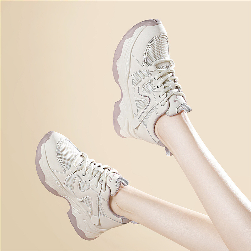Versatile New Dad Sneakers, Fashionable Spring Mesh Breathable White Shoes, 5cm Thick Sole Height-increasing Casual Sports Women's Shoes_vogvips.com