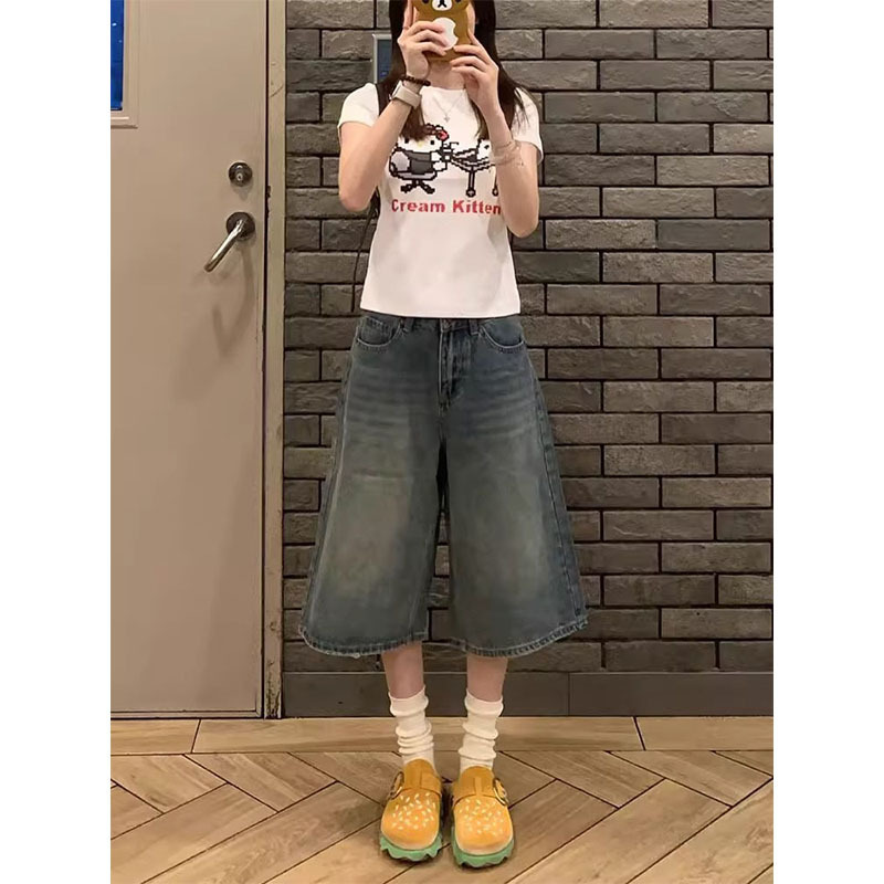 Plus Size American Retro Cropped Denim Shorts for Women, Summer High-Waisted Loose Wide-Leg Slimming Cropped Straight Mid-Length Pants