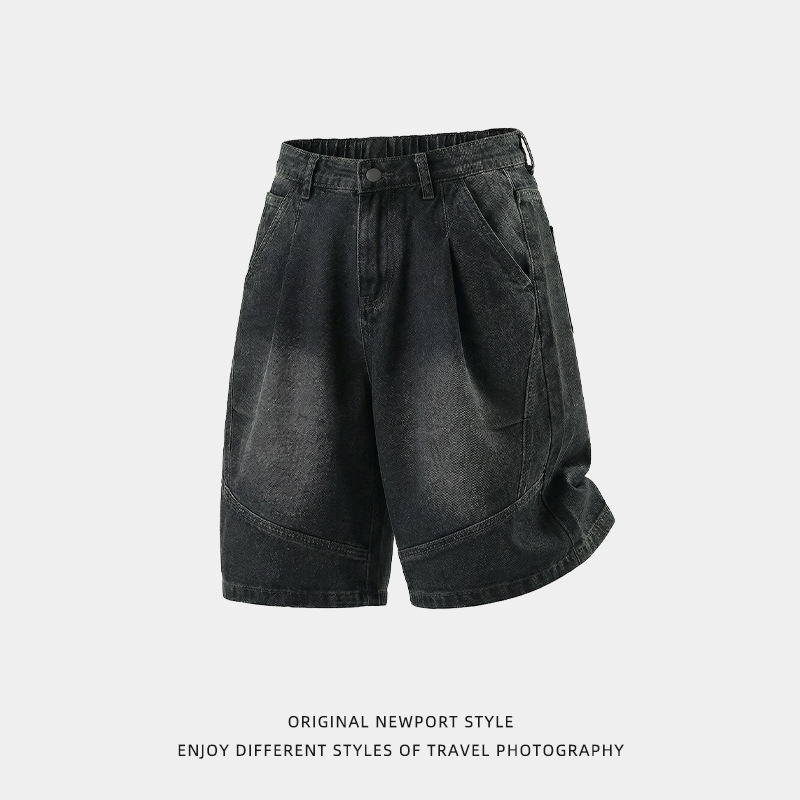 Men's 3D Pleated Denim Shorts Summer Style Loose Fit Casual Five Point Pants Distressed Wash_mkmklike.com