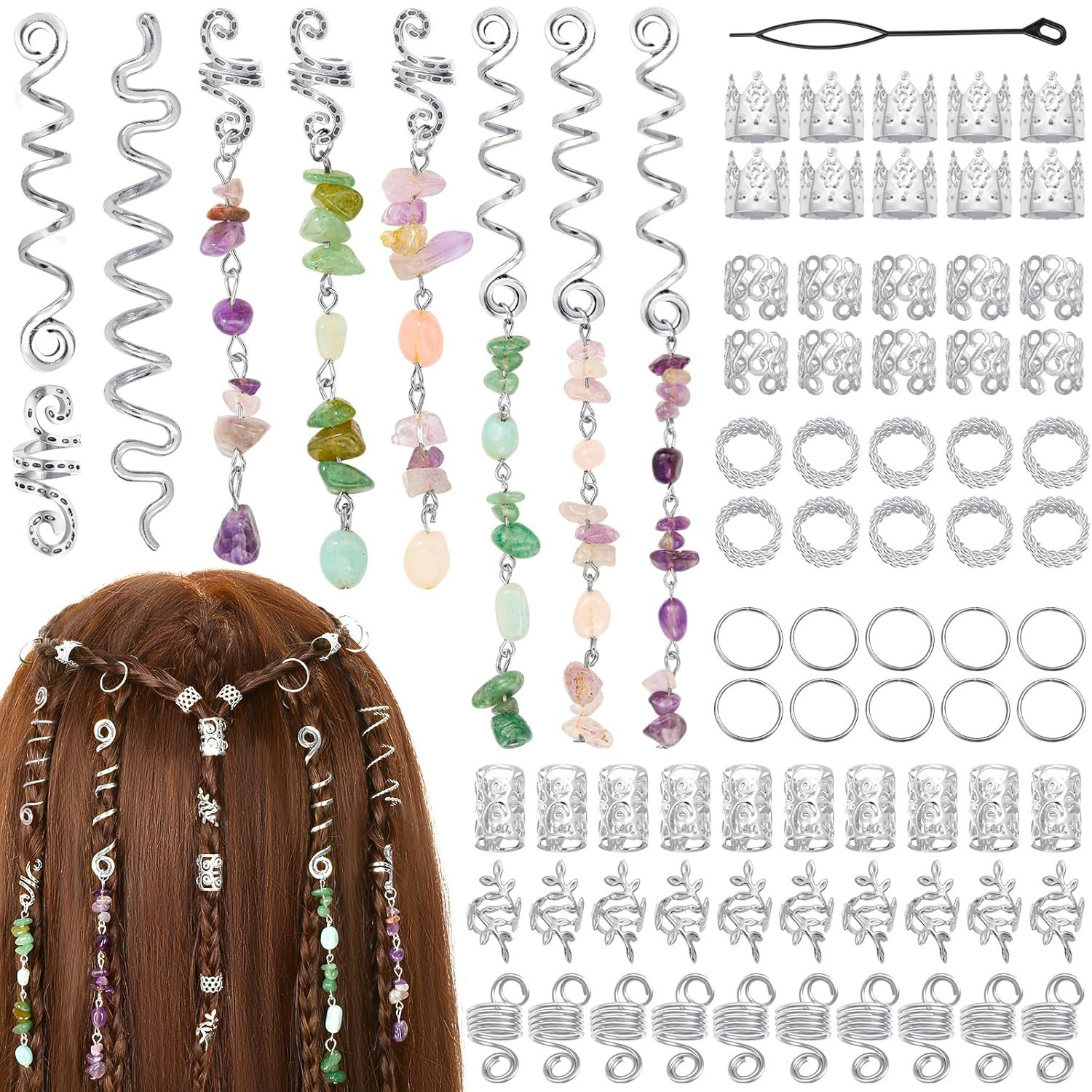 80pcs personalidad europea y americana cabello trenzado exagerado cuerda personalidad piedra natural colgante anillo de cabello viento étnico cuerda trenzada sucia