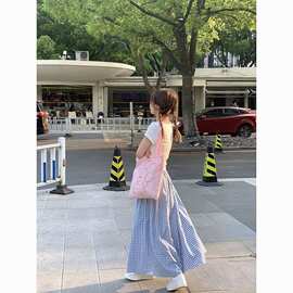夏季新款日系蓝色格子半身裙女小众复古显瘦百搭休闲字裙女潮