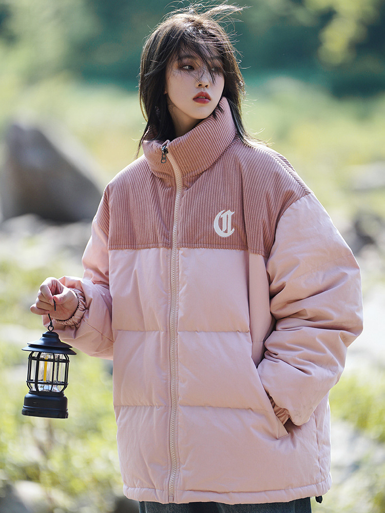 Chaqueta de pana con cuello alto y patchwork de algodón, chaqueta acolchada gruesa de invierno, chaqueta de algodón con bordado de letras de marca de moda para parejas