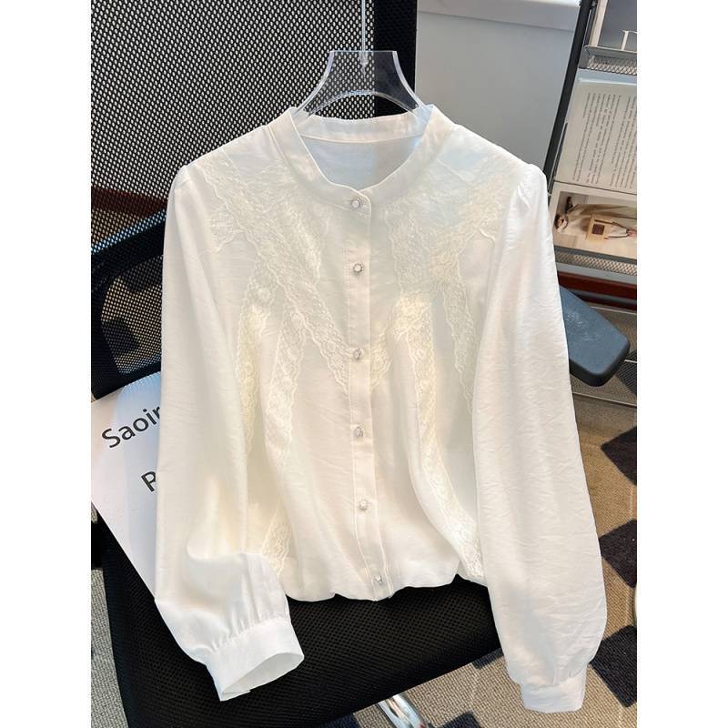French White Shirt Women's High-end Spring 2025 New Super-looking Lace Long-sleeved Beautiful Small Shirt Top