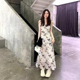 新中式水墨蝴蝶印花吊带连衣裙女气质高级感长款裙子2025夏季新款