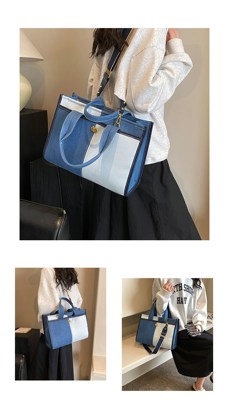 Women's Large Denim Color Block Basic Classic Style Zipper Tote Bag display picture 3