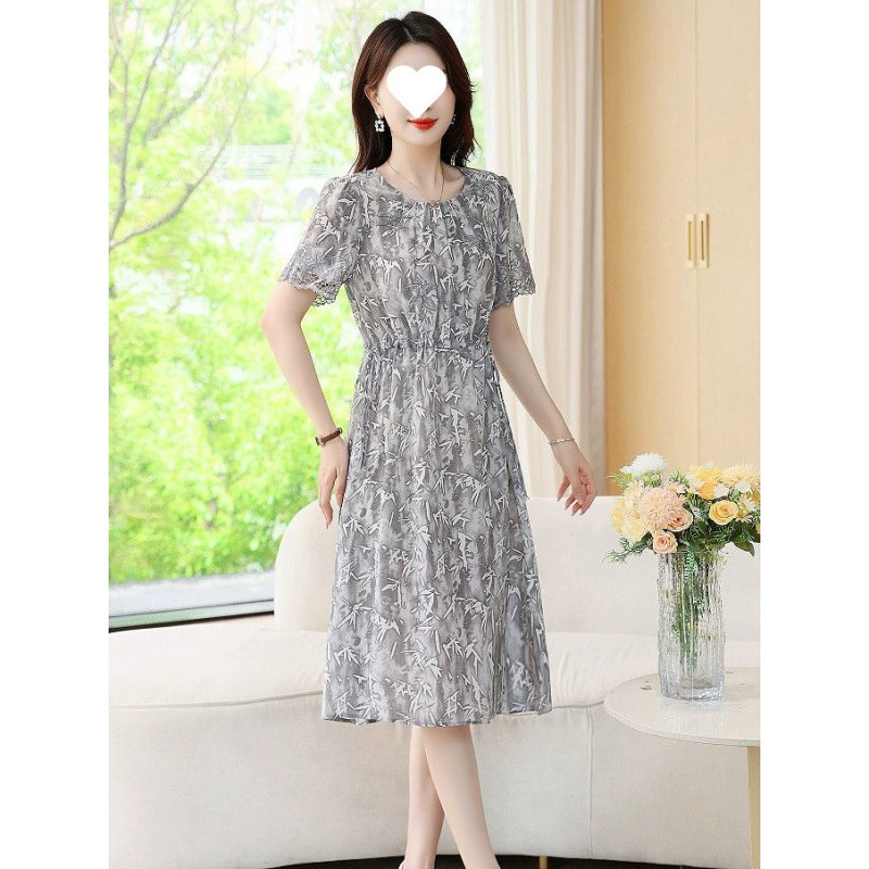 2025 новое шелковое платье летнее средней длины стильное модное с короткими рукавами стройнящее элегантное с принтом юбка из тутового шелка