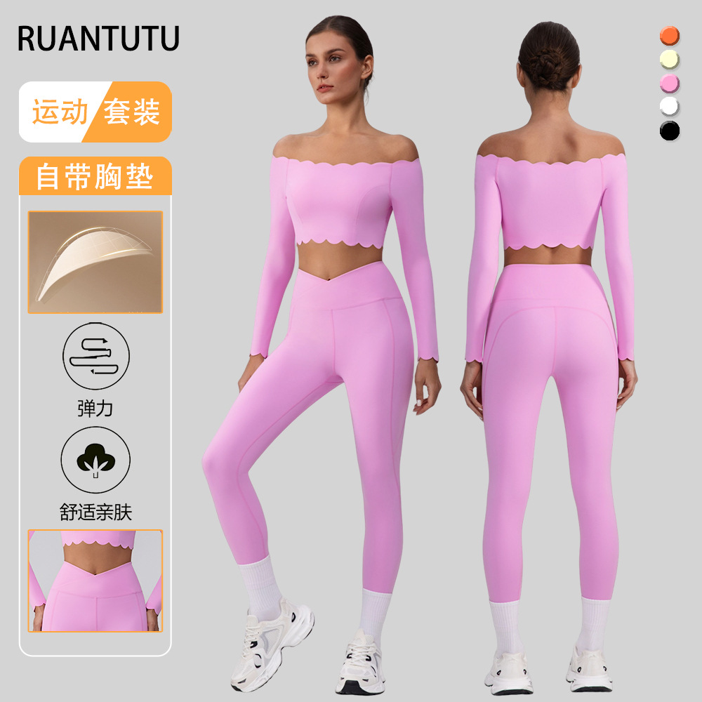 Europeos y estadounidenses un hombro trajes de yoga set top con cojín de pecho bra deportivo encaje pequeño hombro cortado mangas largas mujeres