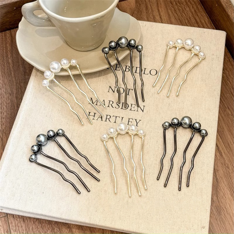 Perla en forma de U pistola de pinzas de cabello negro pinzas de cabello antiguo nuevo estilo chino pinzas de cabello artefacto de cabello vestido de mujer