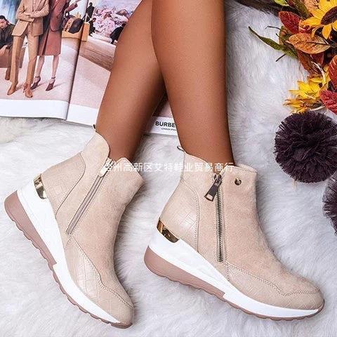 Cross-border low-top warm round toe winter solid color wedge heel side zipper brown women's Martin boots thick-soled snow boots