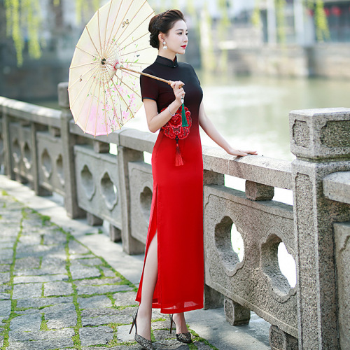  catwalk cheongsam paragraphs improved short-sleeved young Chinese Dress qipao for women girls host singer performance miss etiquette gown young stage costumes