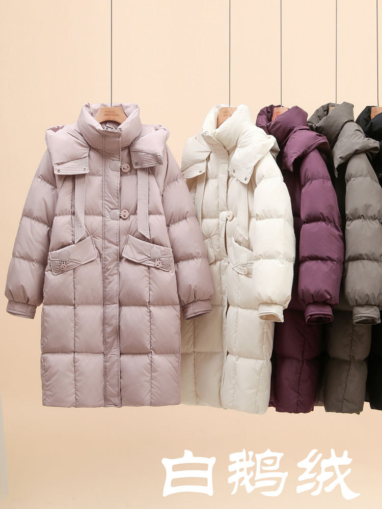中丈の白いグースダウンジャケット レディース 2025年新作 韓国風 厚手 リボン付き フード付き ゆったり 膝丈 冬用コート