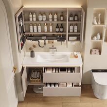 浴室柜圆角陶瓷一体盆奶油风卫生间洗手盆洗脸盆柜组合台盆卫浴柜