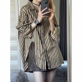 高级感条纹开叉衬衫女春秋季2025新款宽松衬衣设计感小众上衣外套