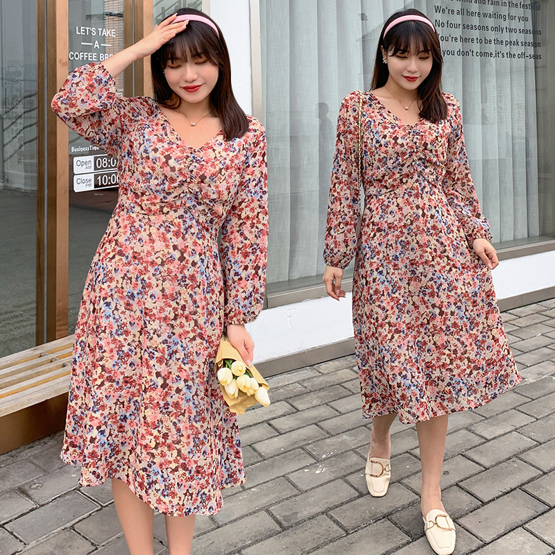 胖mm设计感裙子春季V领雪纺长袖碎花大码女装夏季法式a字连衣裙|ms