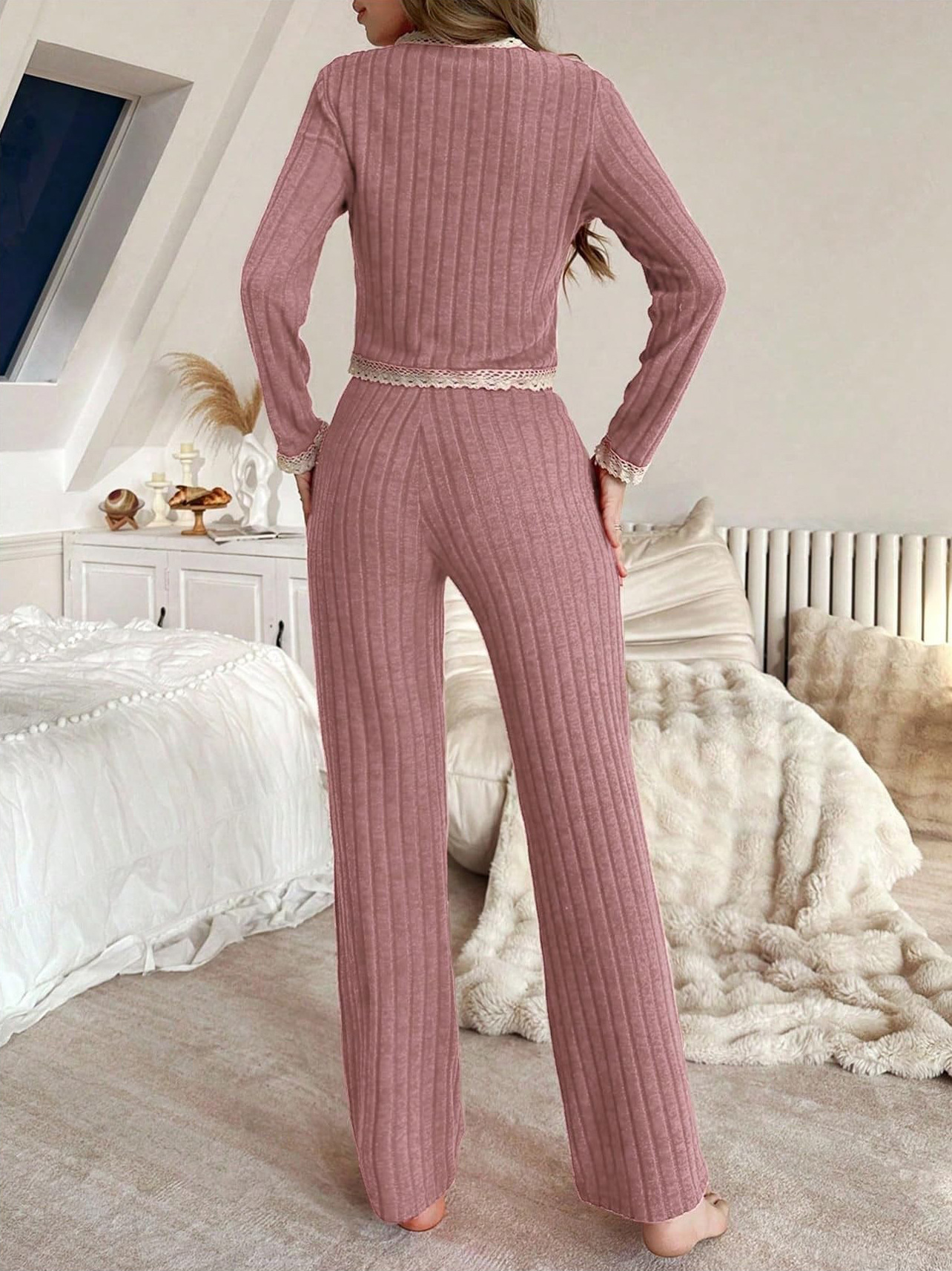 Women's Cropped Pajamas - Lace Trim Top & Pants Set, Stylish Home Wear_voghion.com